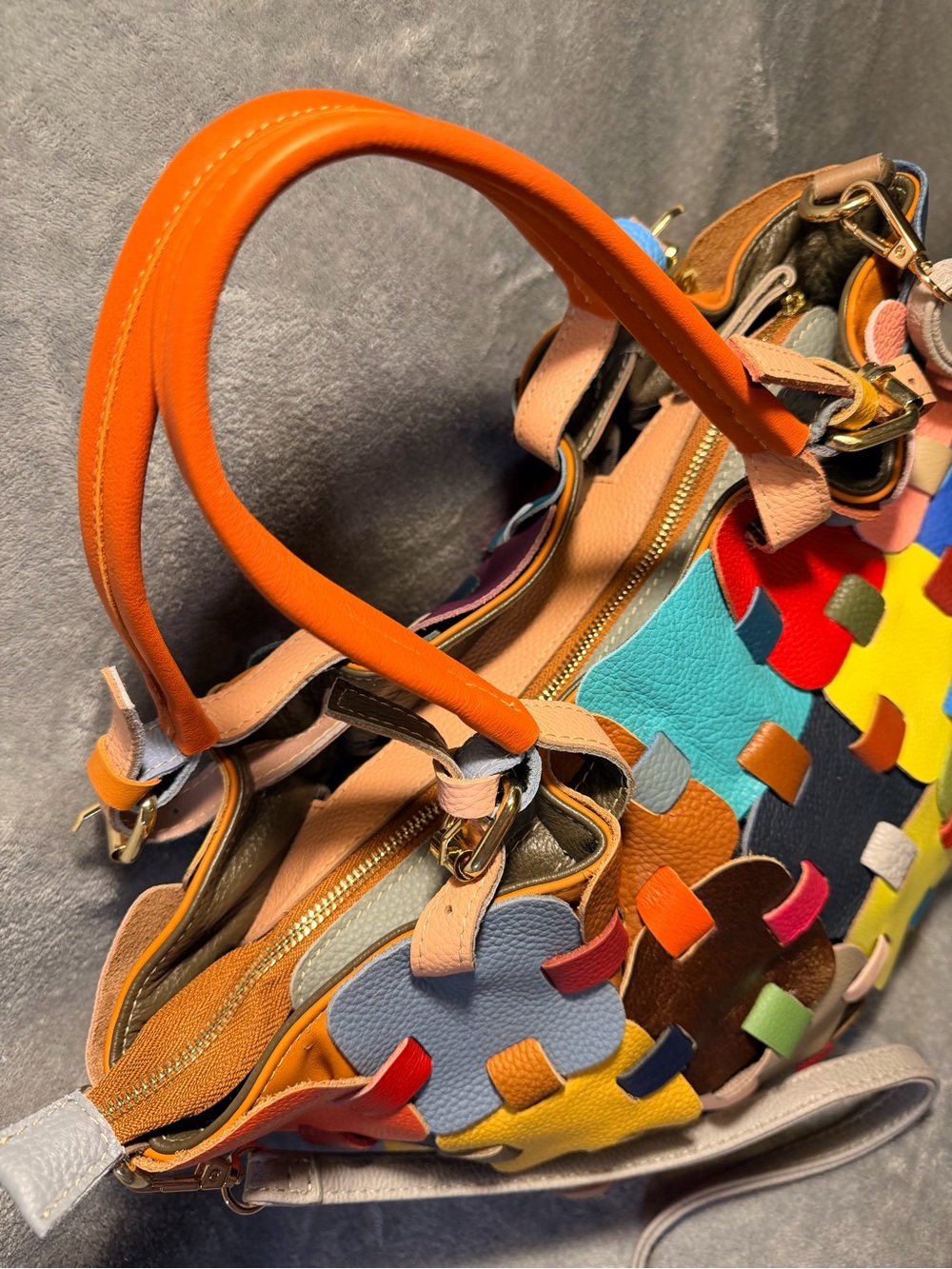 Multicolor Patchwork Genuine Leather Tote Bag - Picture 7 of 12